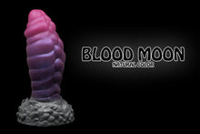 Load image into Gallery viewer, Photo of Lux the Mothman - silicone dildo from Lycantasy in its signature Blood Moon natural coloration, with a shimmery pink tip, faded to a purple shaft, and split to a grey base
