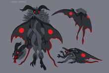 Load image into Gallery viewer, Lycantasy Mothman character concept art by Akki - a drawing of Mothman seen from various angles, with large grey wings, flowing antennae, long thin bug-like limbs, and glowing red eyes.