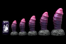 Load image into Gallery viewer, Mothman Dildo from Lycantasy.com - silicone sex toys for cryptid- and monster fuckers! Photo of all sizes compared to a soda can, including Petite, Small, Medium, Large and Jumbo! We hand-craft these in Illinois, America!