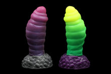 Load image into Gallery viewer, Photo of two Lux the Mothman silicone sex toys from Lycantasy, showcasing both signature colors, Blood Moon and Firefly
