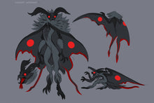 Load image into Gallery viewer, Lycantasy Mothman character concept art by Akki - a drawing of Mothman seen from various angles, with large grey wings, flowing antennae, long thin bug-like limbs, and glowing red eyes.
